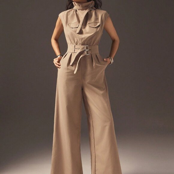 Camel Elegant Women's Business Casual Wide-Leg Jumpsuit with Belt - Picture 4 of 6